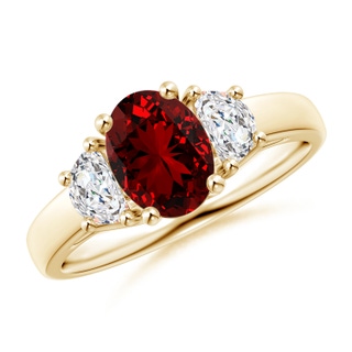 8x6mm Labgrown Lab-Grown Three Stone Oval Ruby and Half Moon Diamond Ring in 10K Yellow Gold