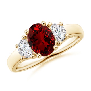 8x6mm Labgrown Lab-Grown Three Stone Oval Ruby and Half Moon Lab Diamond Ring in 9K Yellow Gold