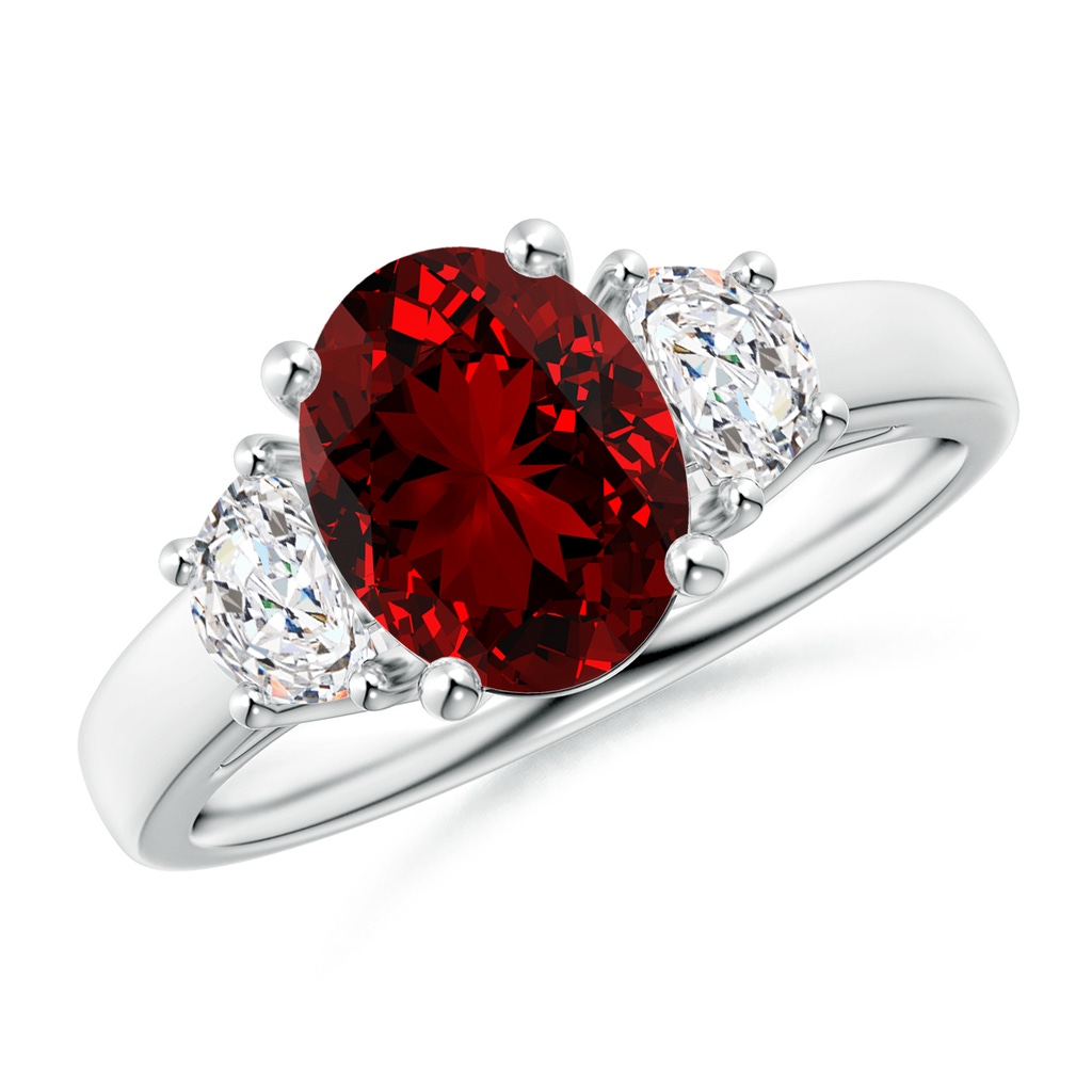 9x7mm Labgrown Lab-Grown Three Stone Oval Ruby and Half Moon Diamond Ring in 9K White Gold