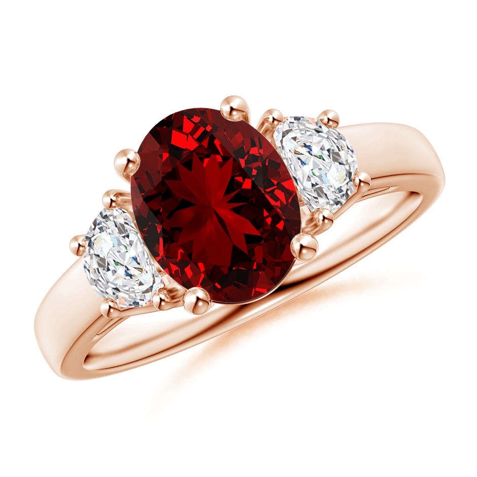 9x7mm Labgrown Lab-Grown Three Stone Oval Ruby and Half Moon Lab Diamond Ring in Rose Gold 