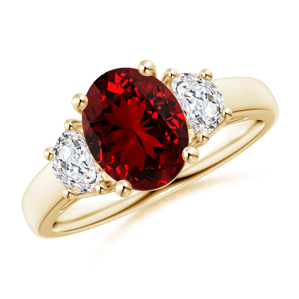 9x7mm Labgrown Lab-Grown Three Stone Oval Ruby and Half Moon Diamond Ring in Yellow Gold