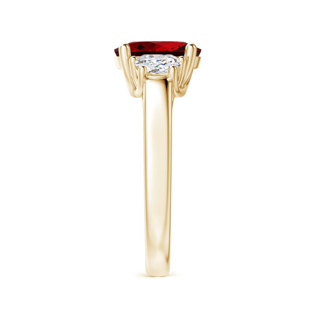 9x7mm Labgrown Lab-Grown Three Stone Oval Ruby and Half Moon Lab Diamond Ring in Yellow Gold - side 6