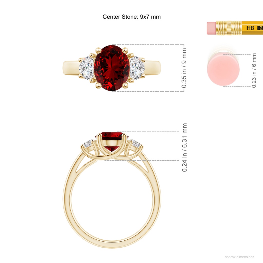 9x7mm Labgrown Lab-Grown Three Stone Oval Ruby and Half Moon Diamond Ring in Yellow Gold ruler