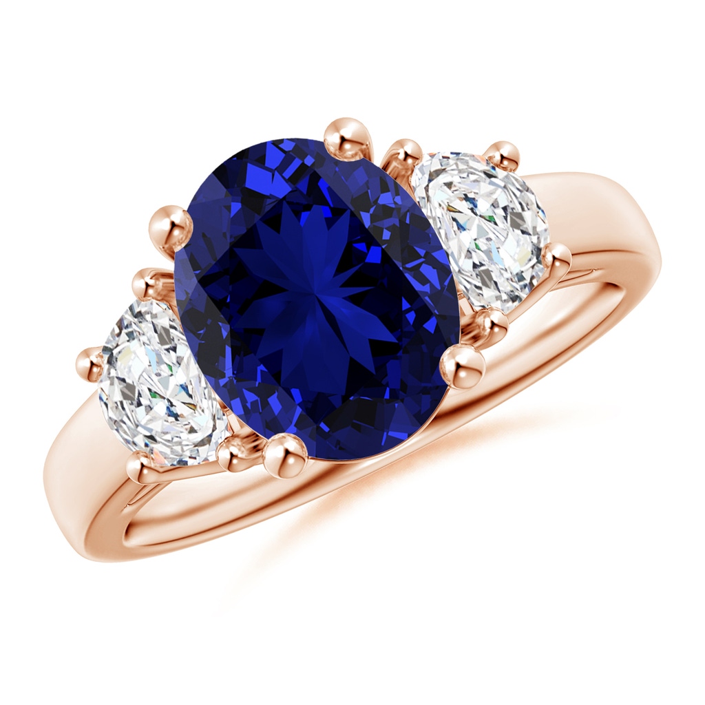 10x8mm Labgrown Lab-Grown 3 Stone Oval Blue Sapphire and Half Moon Diamond Ring in Rose Gold