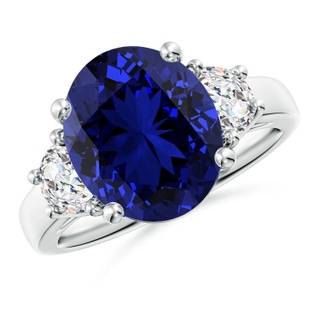 12x10mm Labgrown Lab-Grown 3 Stone Oval Blue Sapphire and Half Moon Diamond Ring in P950 Platinum