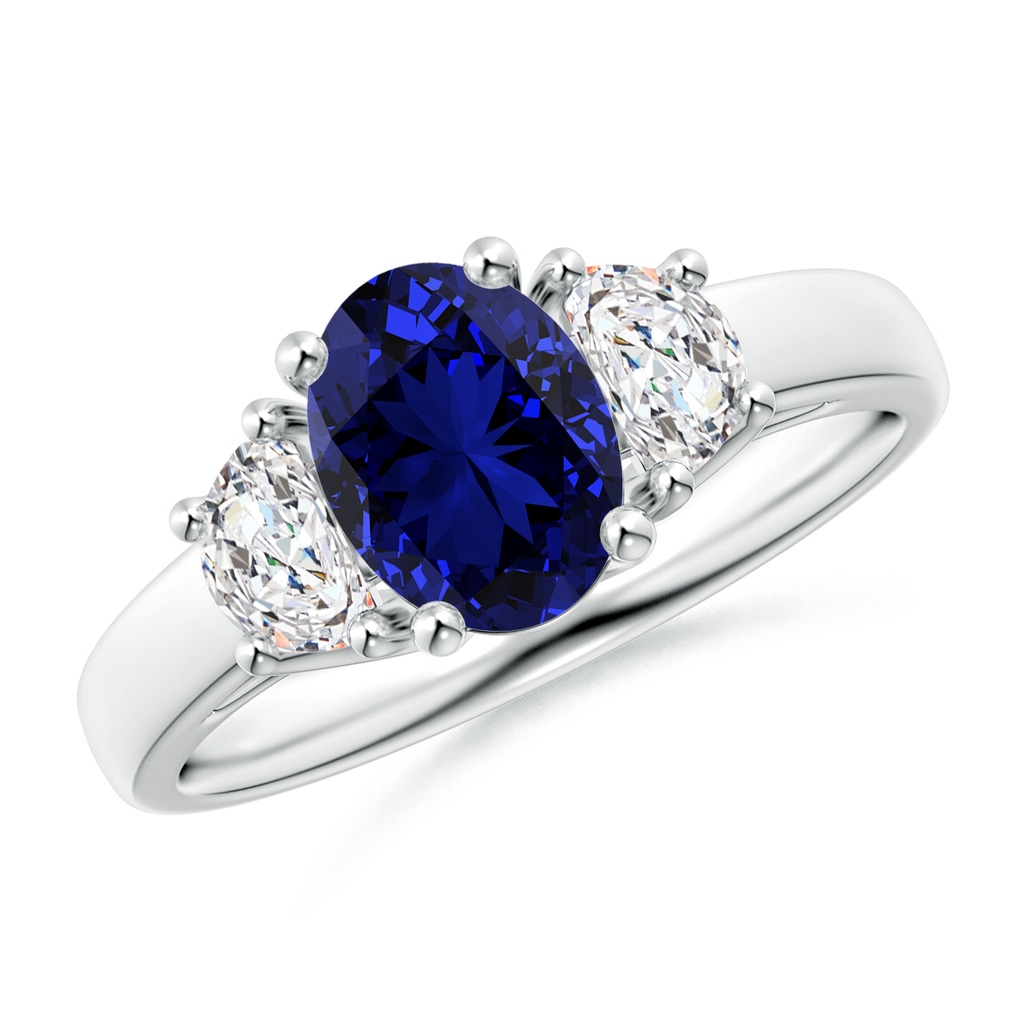 8x6mm Labgrown Lab-Grown 3 Stone Oval Blue Sapphire and Half Moon Diamond Ring in White Gold