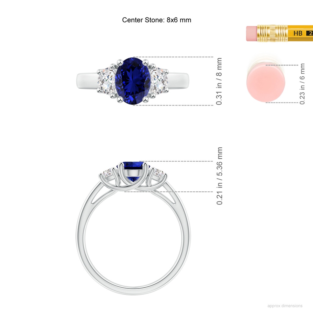 8x6mm Labgrown Lab-Grown 3 Stone Oval Blue Sapphire and Half Moon Diamond Ring in White Gold ruler
