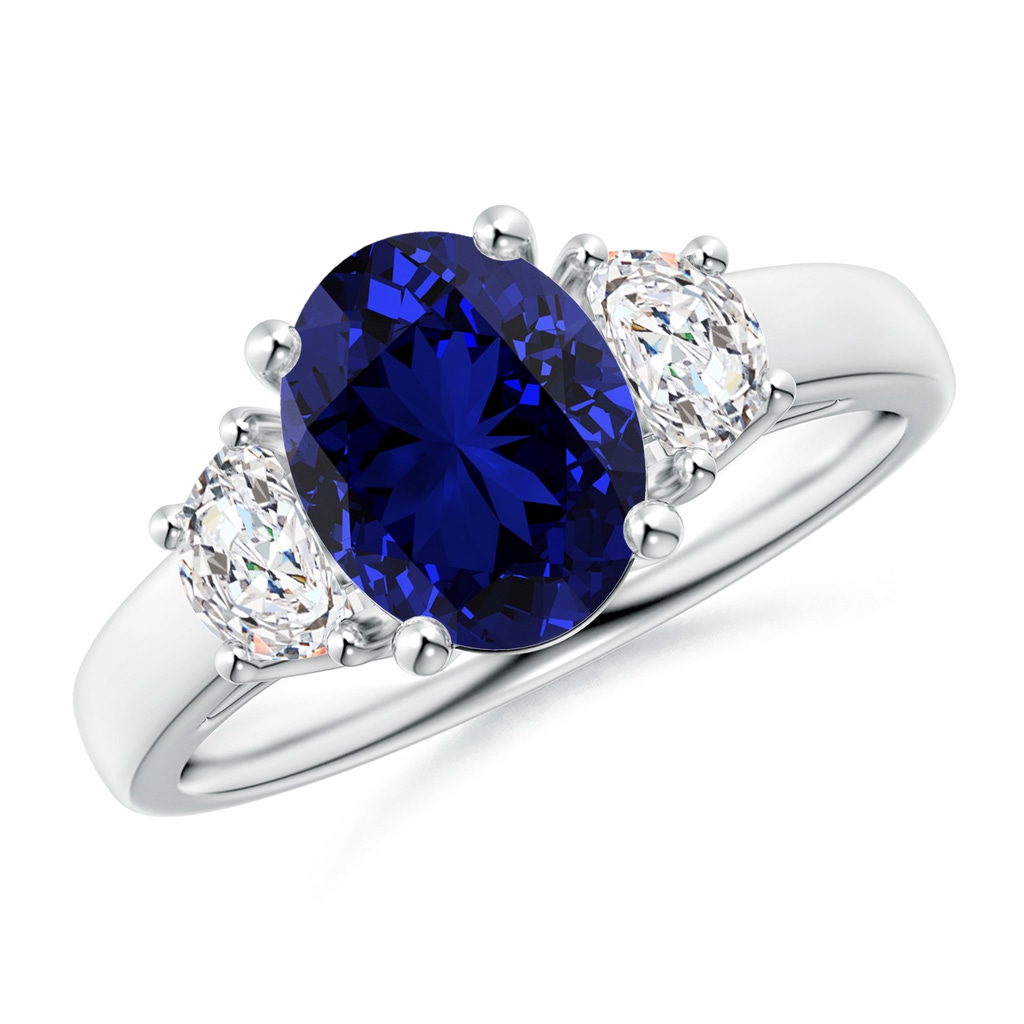 9x7mm Labgrown Lab-Grown 3 Stone Oval Blue Sapphire and Half Moon Diamond Ring in White Gold 