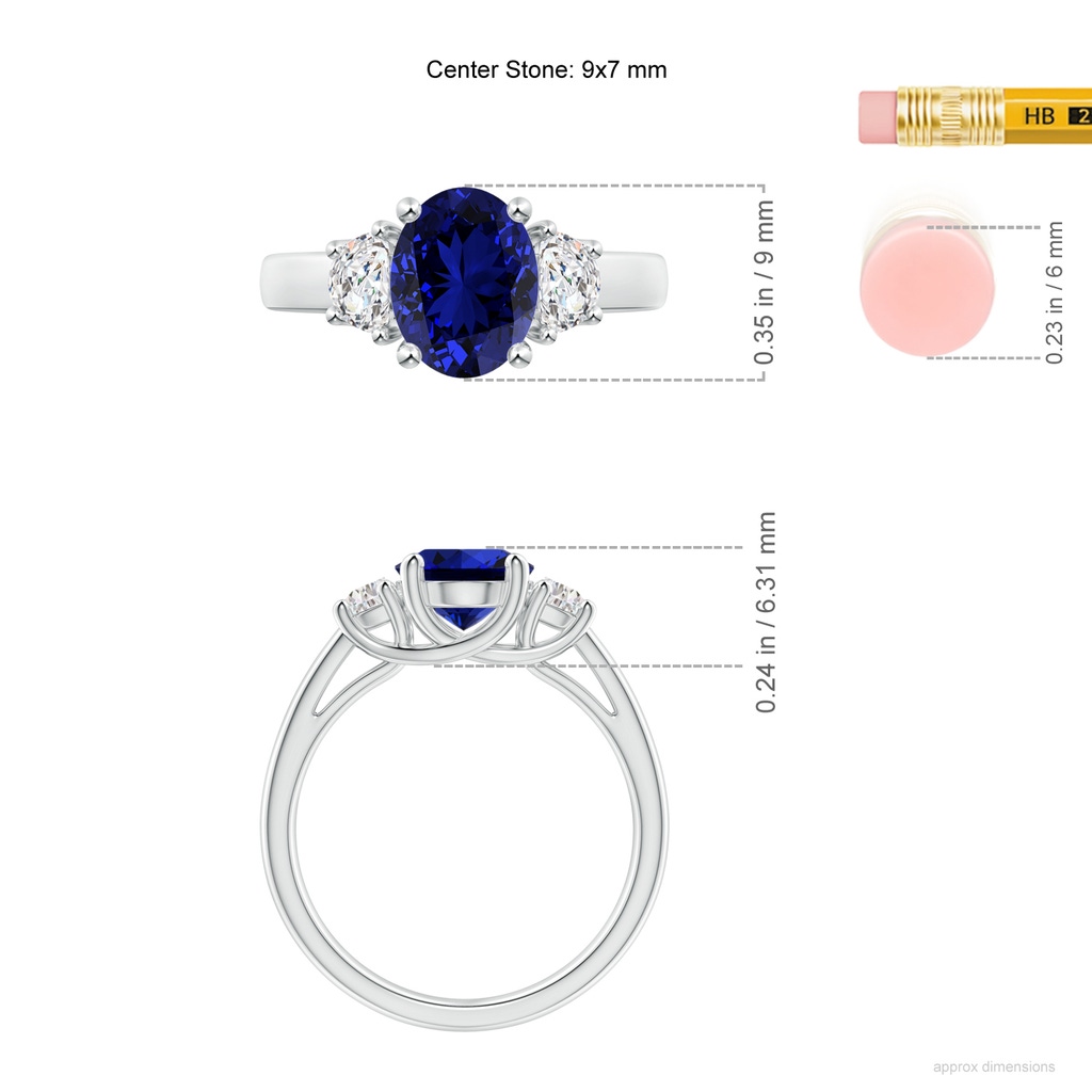 9x7mm Labgrown Lab-Grown 3 Stone Oval Blue Sapphire and Half Moon Diamond Ring in White Gold ruler