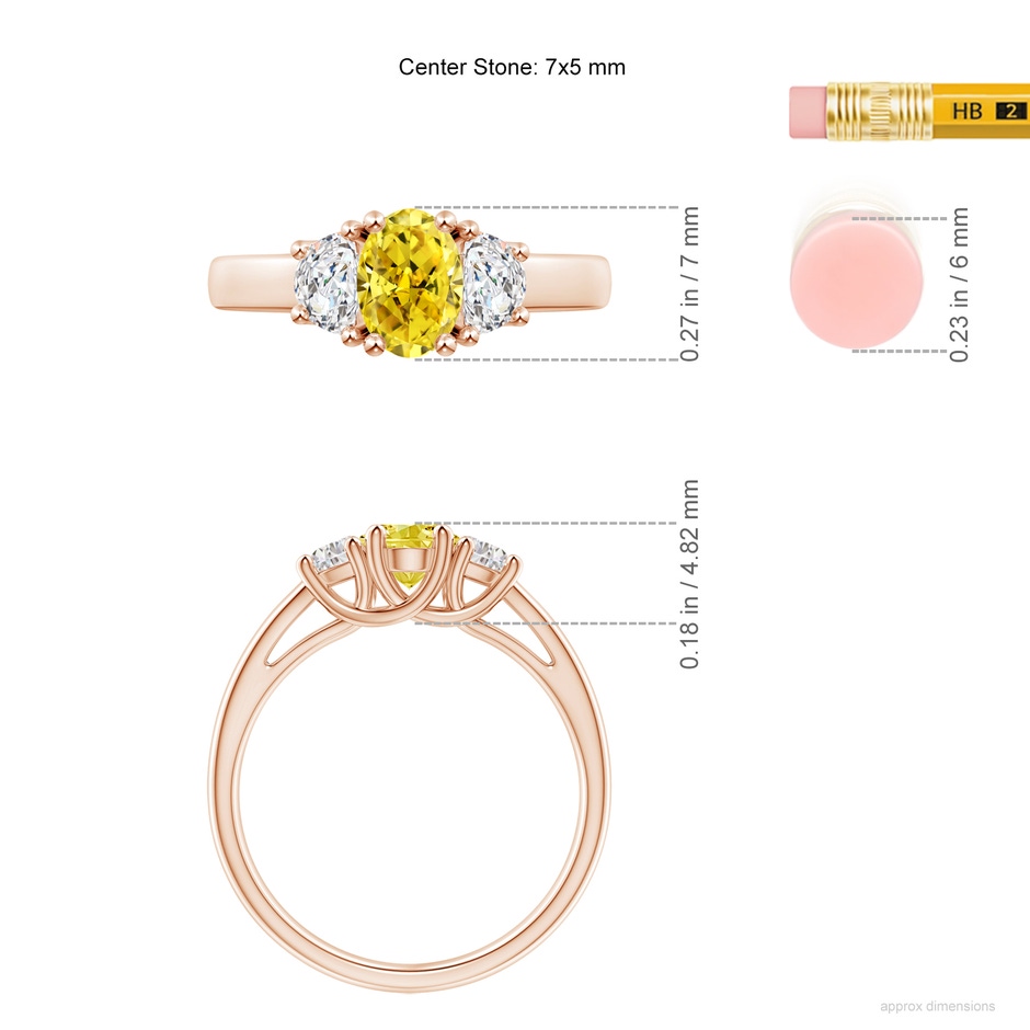 7x5mm Labgrown Three Stone Oval Lab-Grown Fancy Intense Yellow and Half Moon White Diamond Ring in 9K Rose Gold ruler