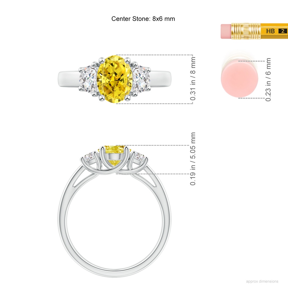 8x6mm Labgrown Three Stone Oval Lab-Grown Fancy Intense Yellow and Half Moon White Diamond Ring in White Gold ruler