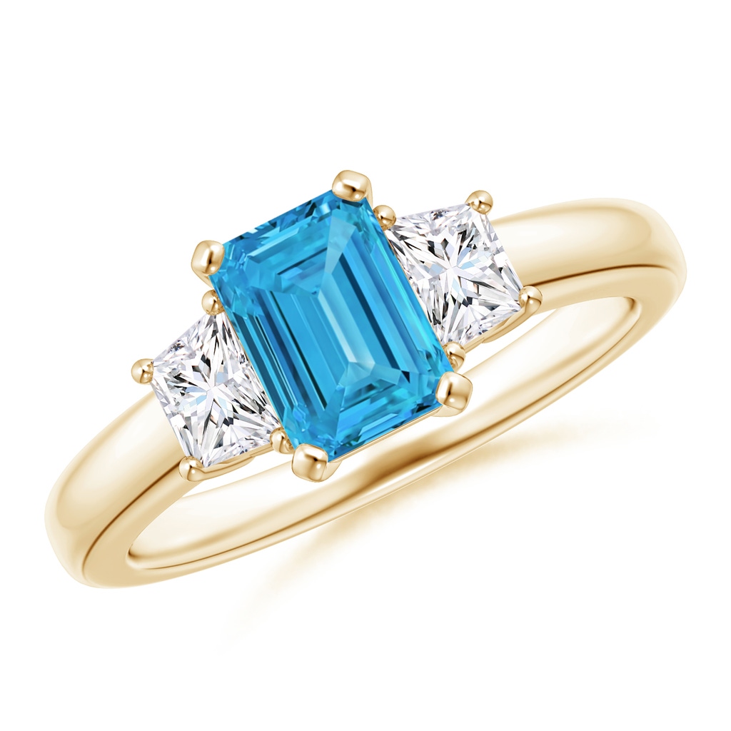 7x5mm Labgrown Lab-Grown Fancy Intense Blue and White Diamond Three Stone Ring in Yellow Gold