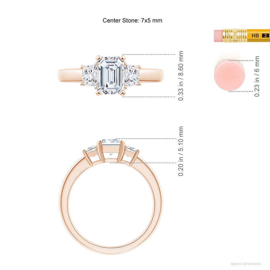 7x5mm FGVS Lab-Grown Diamond Three Stone Ring in 9K Rose Gold ruler