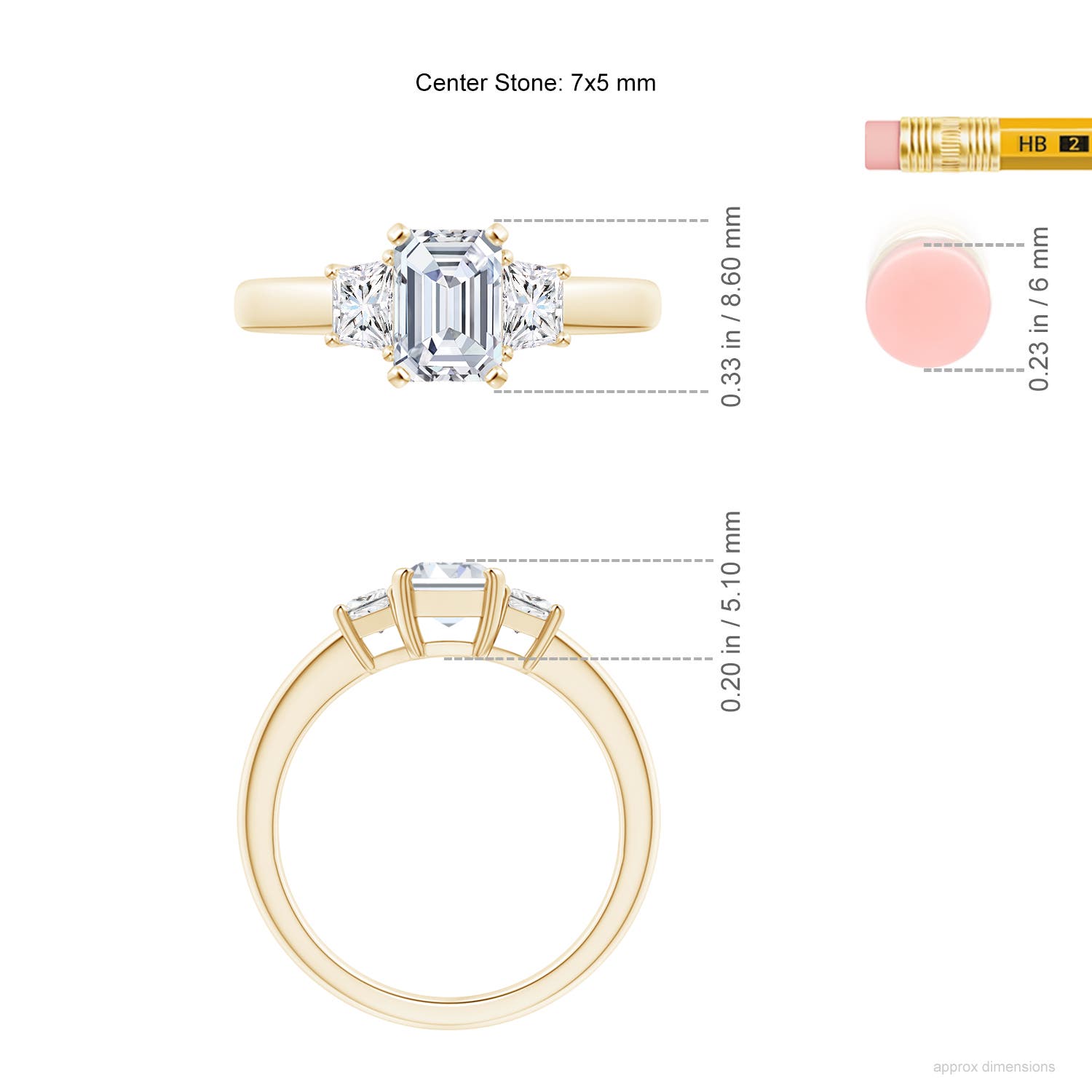 7x5mm FGVS Lab-Grown Diamond Three Stone Ring in Yellow Gold - ruler