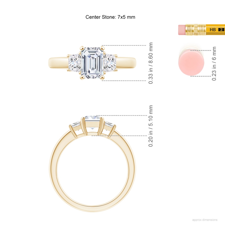 7x5mm FGVS Lab-Grown Diamond Three Stone Ring in Yellow Gold ruler