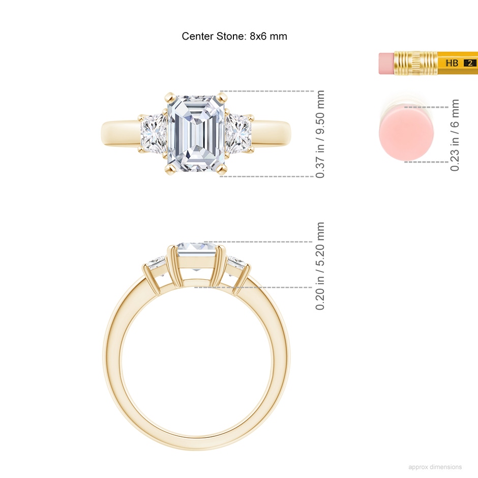 8x6mm FGVS Lab-Grown Diamond Three Stone Ring in Yellow Gold ruler