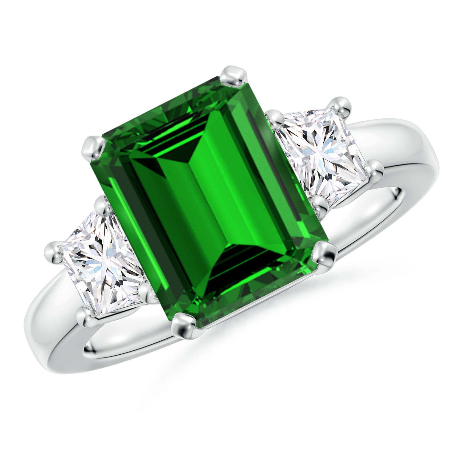 Lab-Grown Emerald and Lab Diamond Three Stone Ring