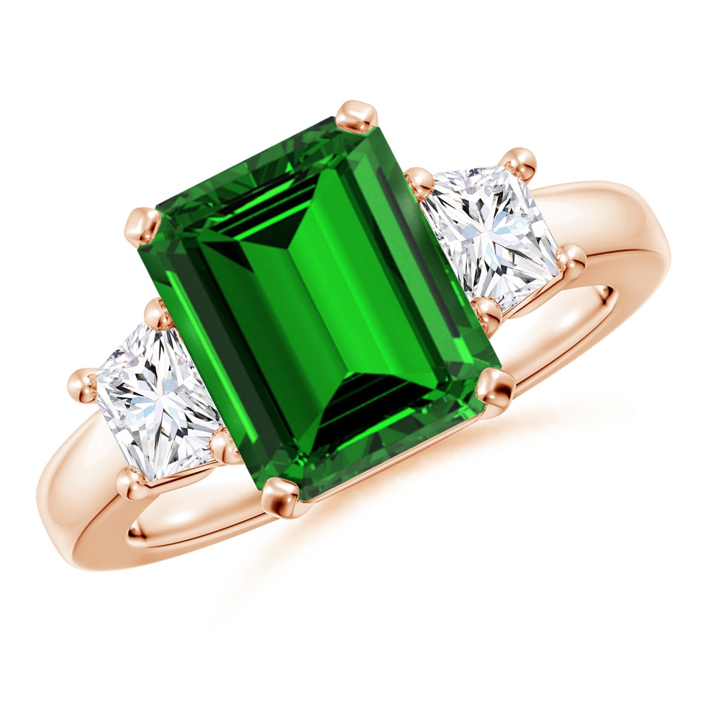 10x8mm Labgrown Lab-Grown Emerald and Diamond Three Stone Ring in Rose Gold