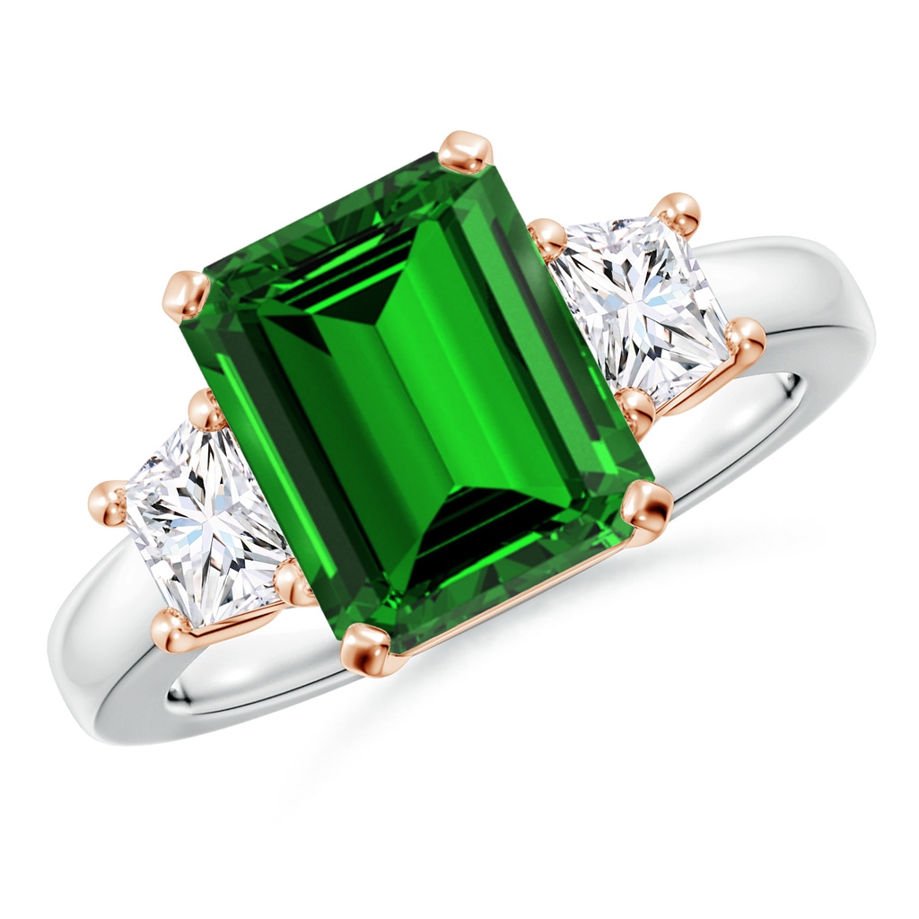 10x8mm Labgrown Lab-Grown Emerald and Diamond Three Stone Ring in White Gold Rose Gold