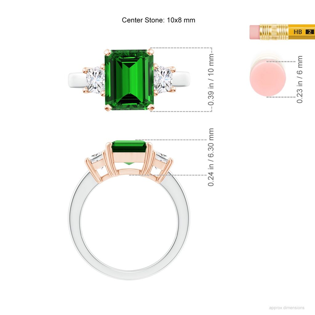 10x8mm Labgrown Lab-Grown Emerald and Diamond Three Stone Ring in White Gold Rose Gold ruler