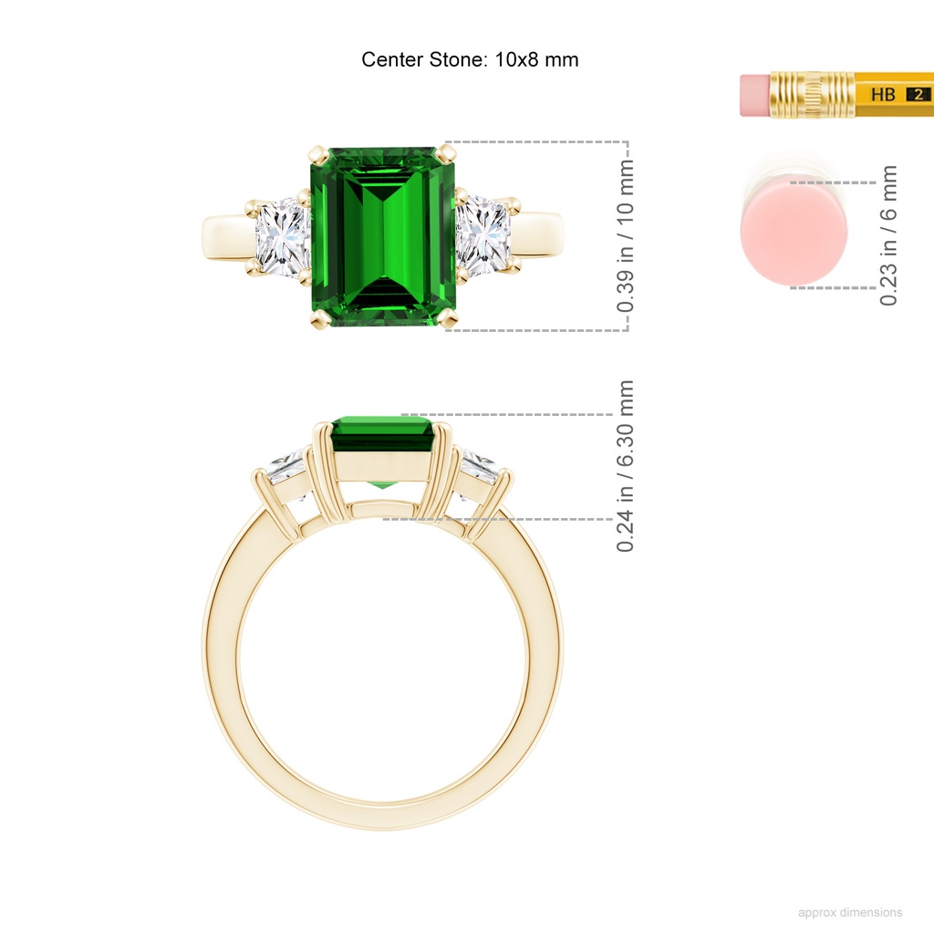 10x8mm Labgrown Lab-Grown Emerald and Diamond Three Stone Ring in Yellow Gold ruler