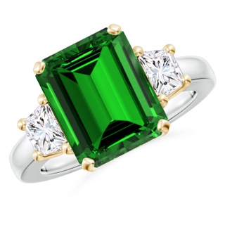 12x10mm Labgrown Lab-Grown Emerald-Cut Emerald and Trapezoid Diamond Three Stone Ring in 10K White Gold 10K Yellow Gold