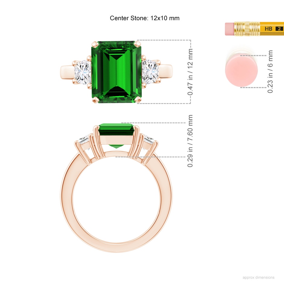12x10mm Labgrown Lab-Grown Emerald and Diamond Three Stone Ring in Rose Gold ruler