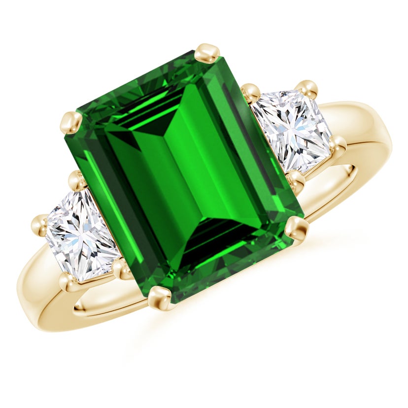 Lab-Grown Emerald-Cut Emerald and Trapezoid Diamond Three Stone Ring