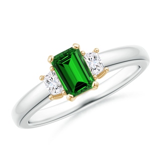 6x4mm Labgrown Lab-Grown Emerald-Cut Emerald and Trapezoid Diamond Three Stone Ring in 9K White Gold 9K Yellow Gold