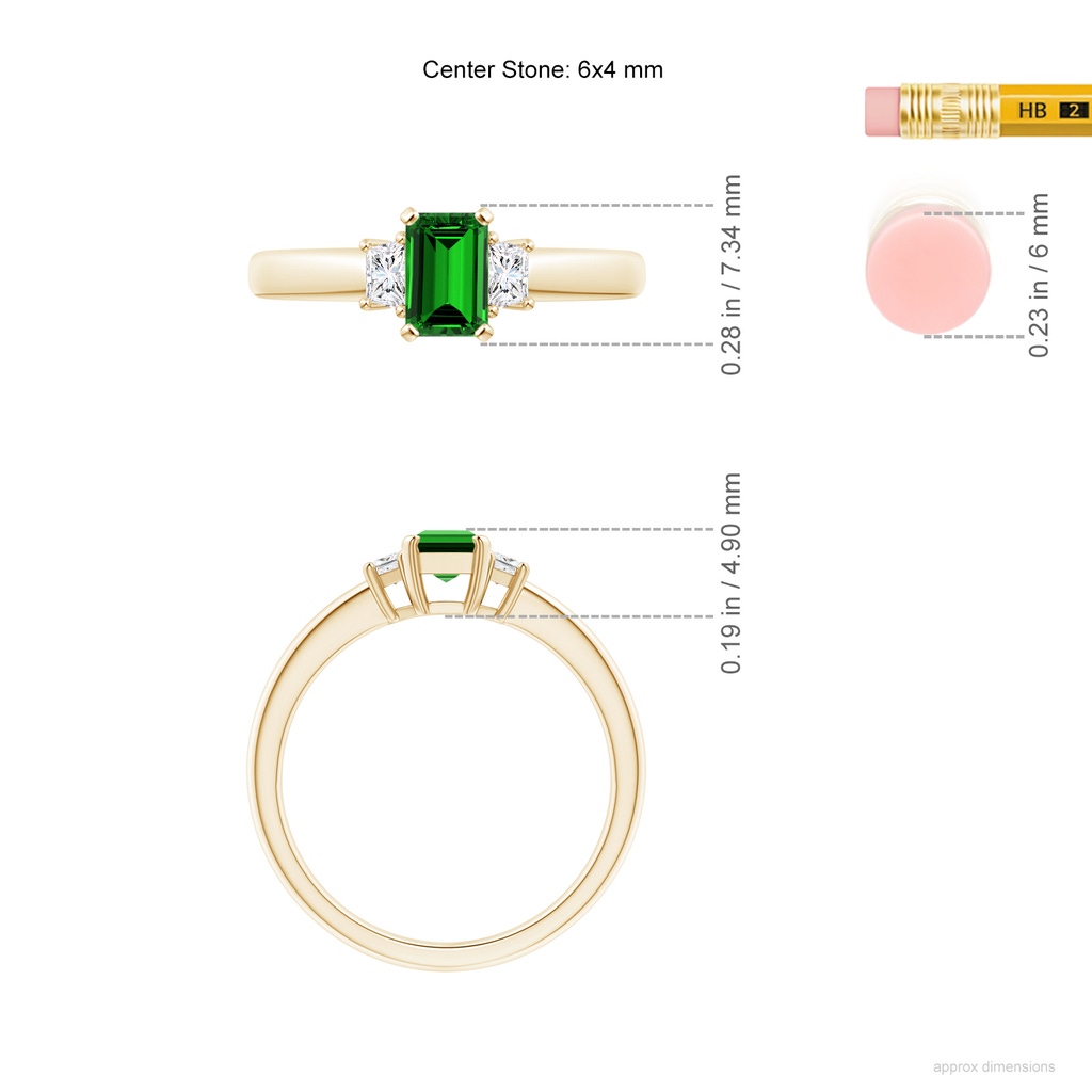 6x4mm Labgrown Lab-Grown Emerald and Diamond Three Stone Ring in 9K Yellow Gold ruler