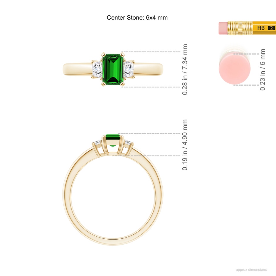 6x4mm Labgrown Lab-Grown Emerald and Diamond Three Stone Ring in Yellow Gold ruler