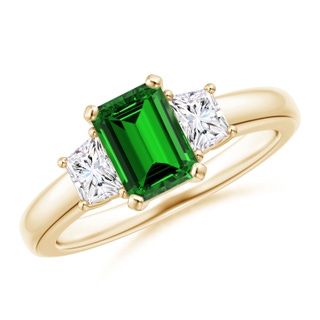 7x5mm Labgrown Lab-Grown Emerald and Diamond Three Stone Ring in 9K Yellow Gold