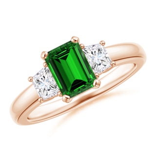 7x5mm Labgrown Lab-Grown Emerald and Diamond Three Stone Ring in Rose Gold
