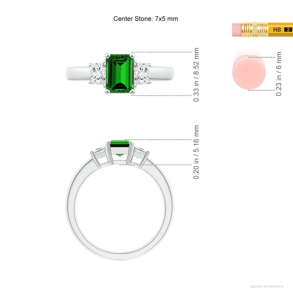 7x5mm Labgrown Lab-Grown Emerald-Cut Emerald and Trapezoid Diamond Three Stone Ring in White Gold ruler