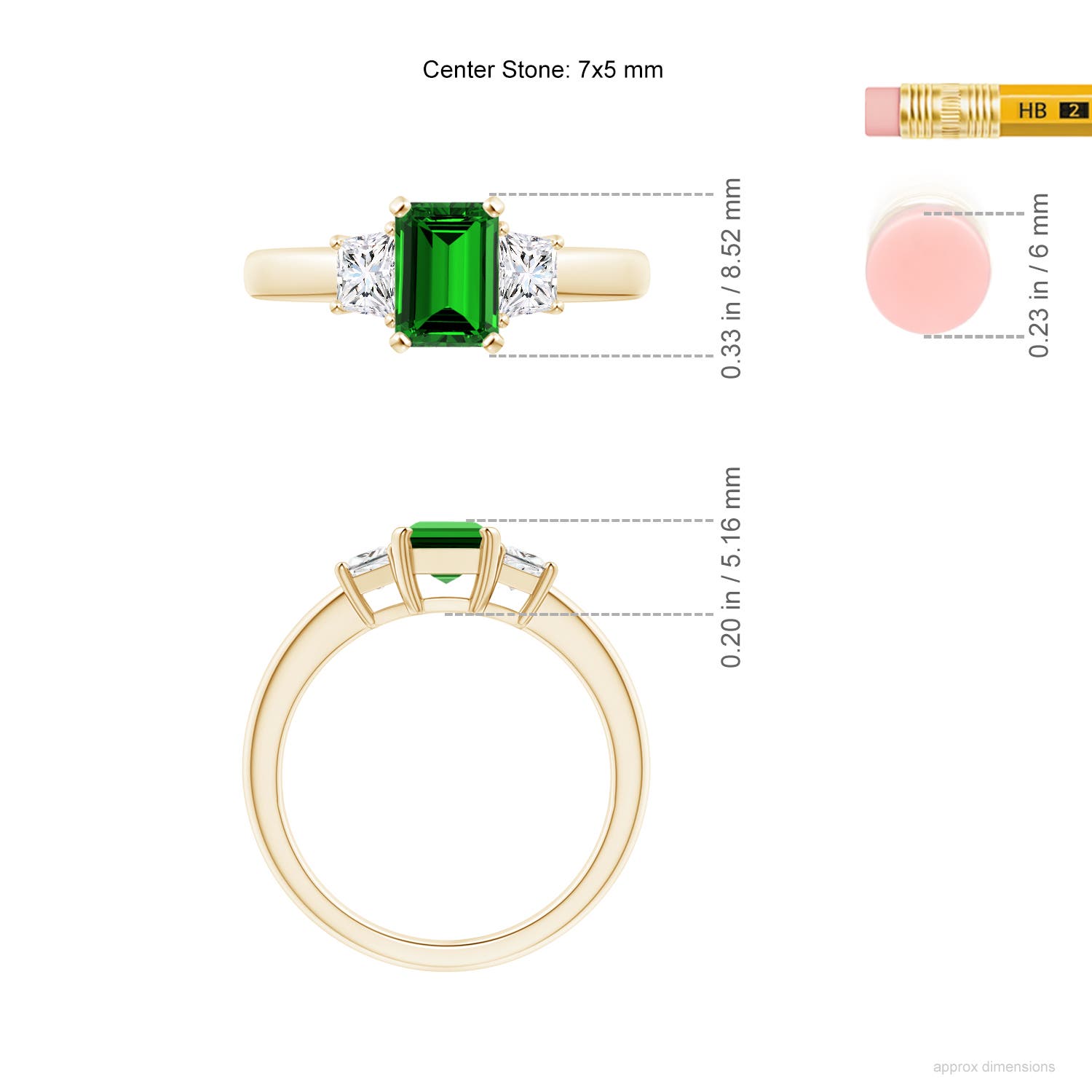 7x5mm Labgrown Lab-Grown Emerald and Diamond Three Stone Ring in Yellow Gold - ruler