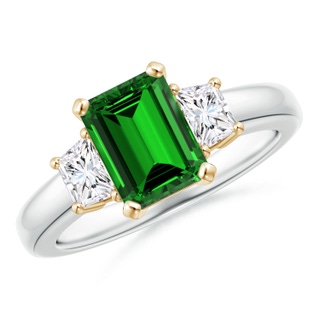 8x6mm Labgrown Lab-Grown Emerald-Cut Emerald and Trapezoid Diamond Three Stone Ring in 10K White Gold 10K Yellow Gold