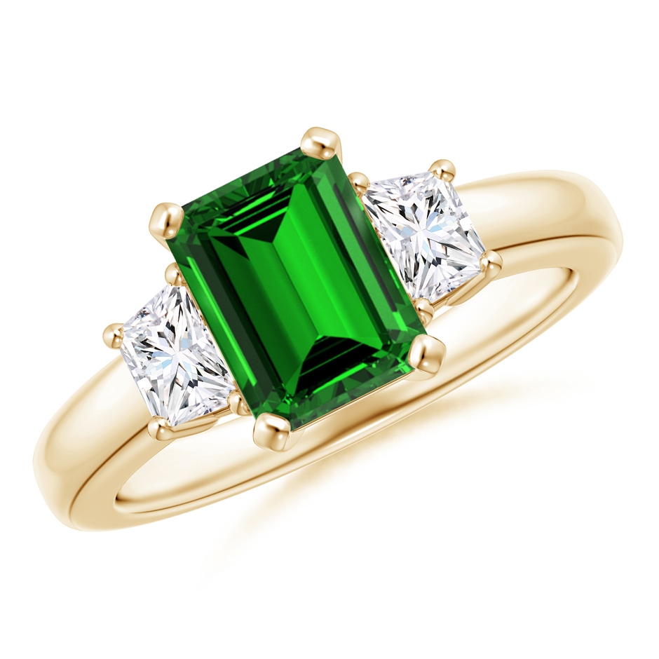 8x6mm Labgrown Lab-Grown Emerald-Cut Emerald and Trapezoid Diamond Three Stone Ring in Yellow Gold 