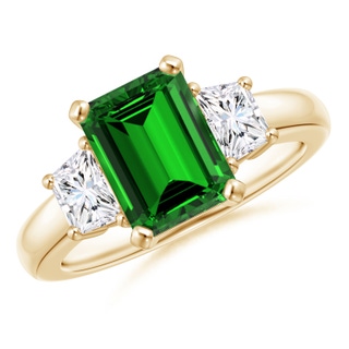 9x7mm Labgrown Lab-Grown Emerald-Cut Emerald and Trapezoid Diamond Three Stone Ring in 9K Yellow Gold