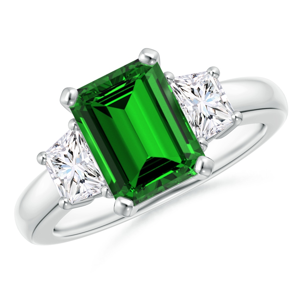 9x7mm Labgrown Lab-Grown Emerald-Cut Emerald and Trapezoid Diamond Three Stone Ring in P950 Platinum