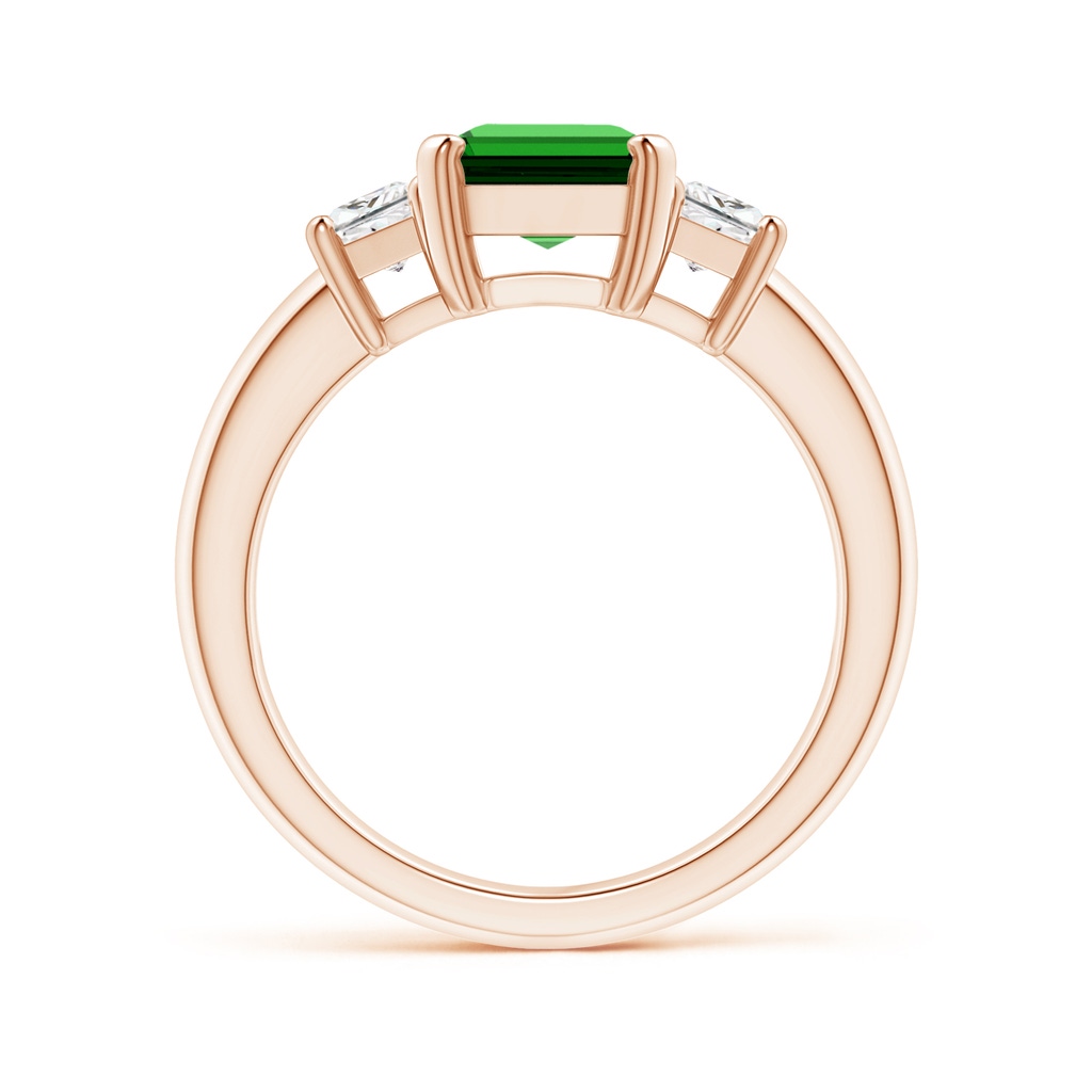 9x7mm Labgrown Lab-Grown Emerald-Cut Emerald and Trapezoid Diamond Three Stone Ring in Rose Gold - side 199