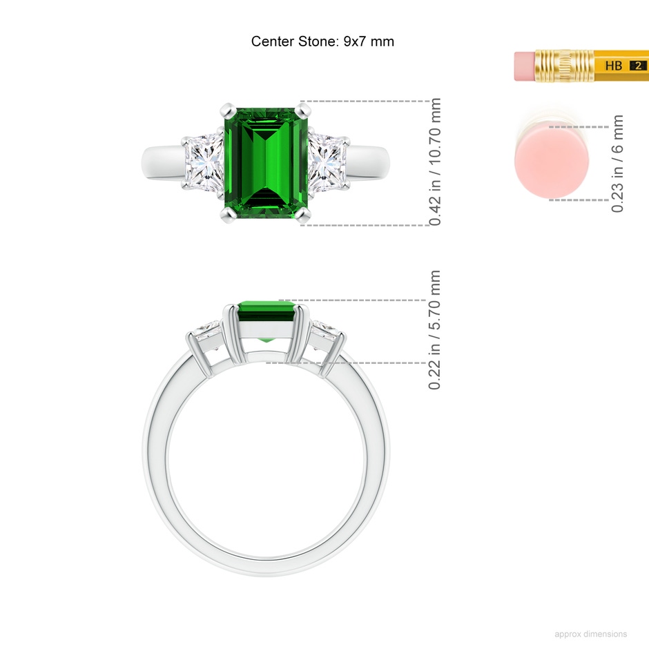 9x7mm Labgrown Lab-Grown Emerald-Cut Emerald and Trapezoid Diamond Three Stone Ring in White Gold ruler