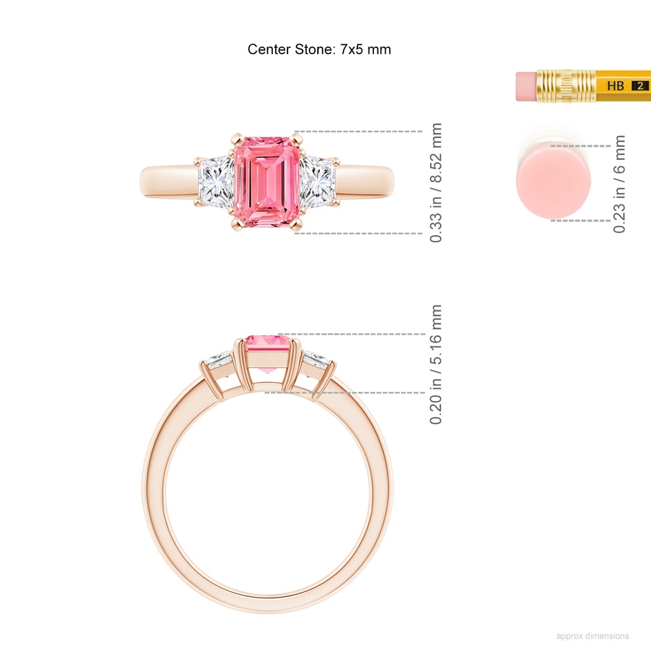 7x5mm Labgrown Lab-Grown Fancy Intense Pink and White Diamond Three Stone Ring in Rose Gold ruler