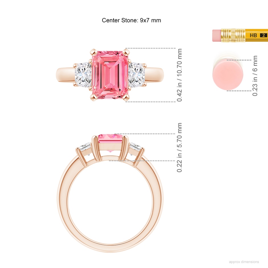 9x7mm Labgrown Lab-Grown Fancy Intense Pink and White Diamond Three Stone Ring in 18K Rose Gold ruler
