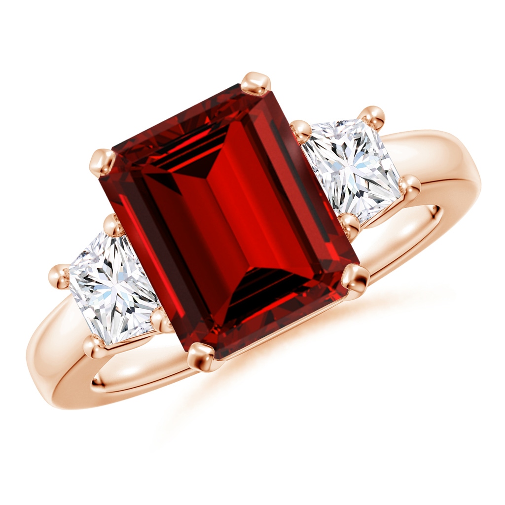 10x8mm Labgrown Lab-Grown Ruby and Diamond Three Stone Ring in Rose Gold
