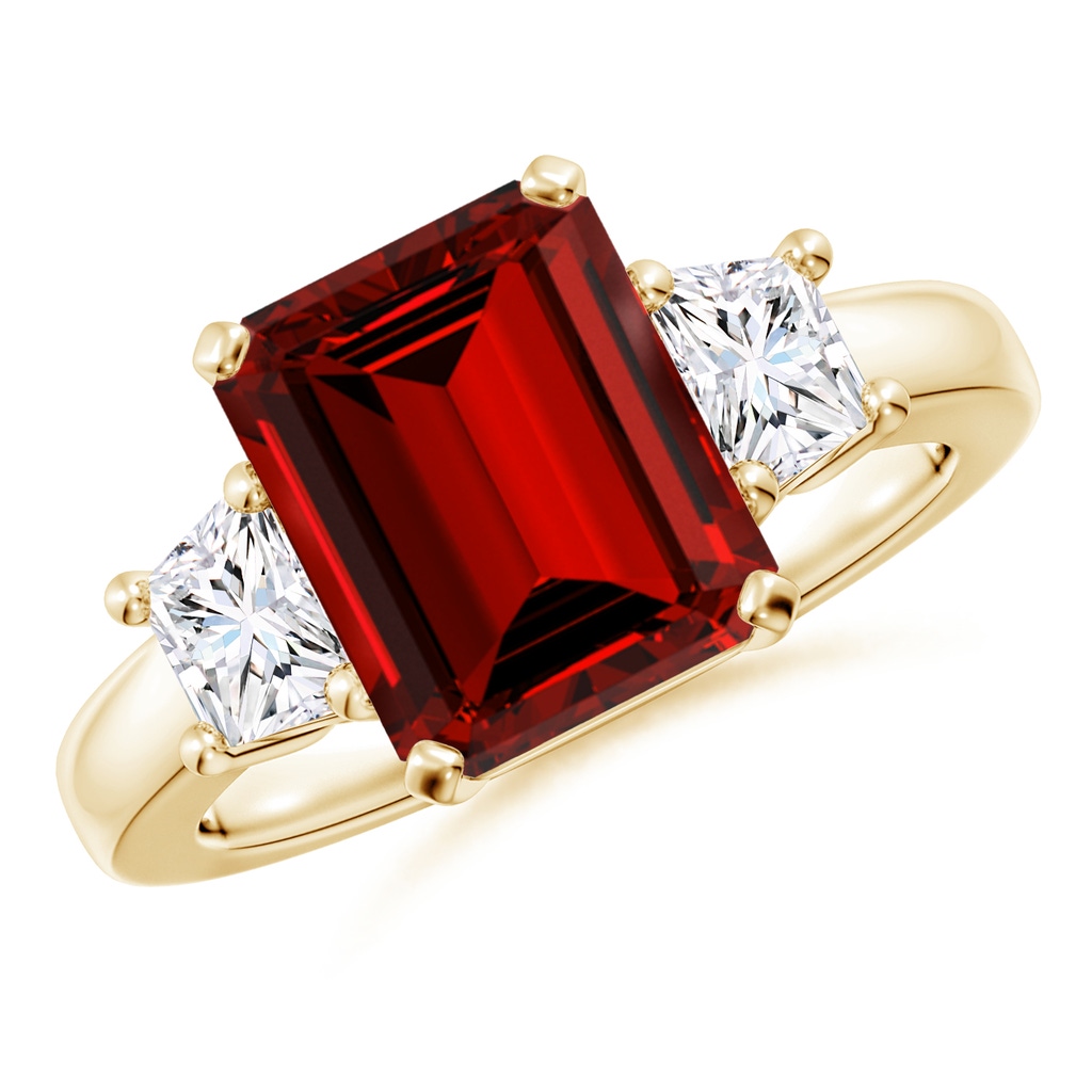 10x8mm Labgrown Lab-Grown Ruby and Diamond Three Stone Ring in Yellow Gold