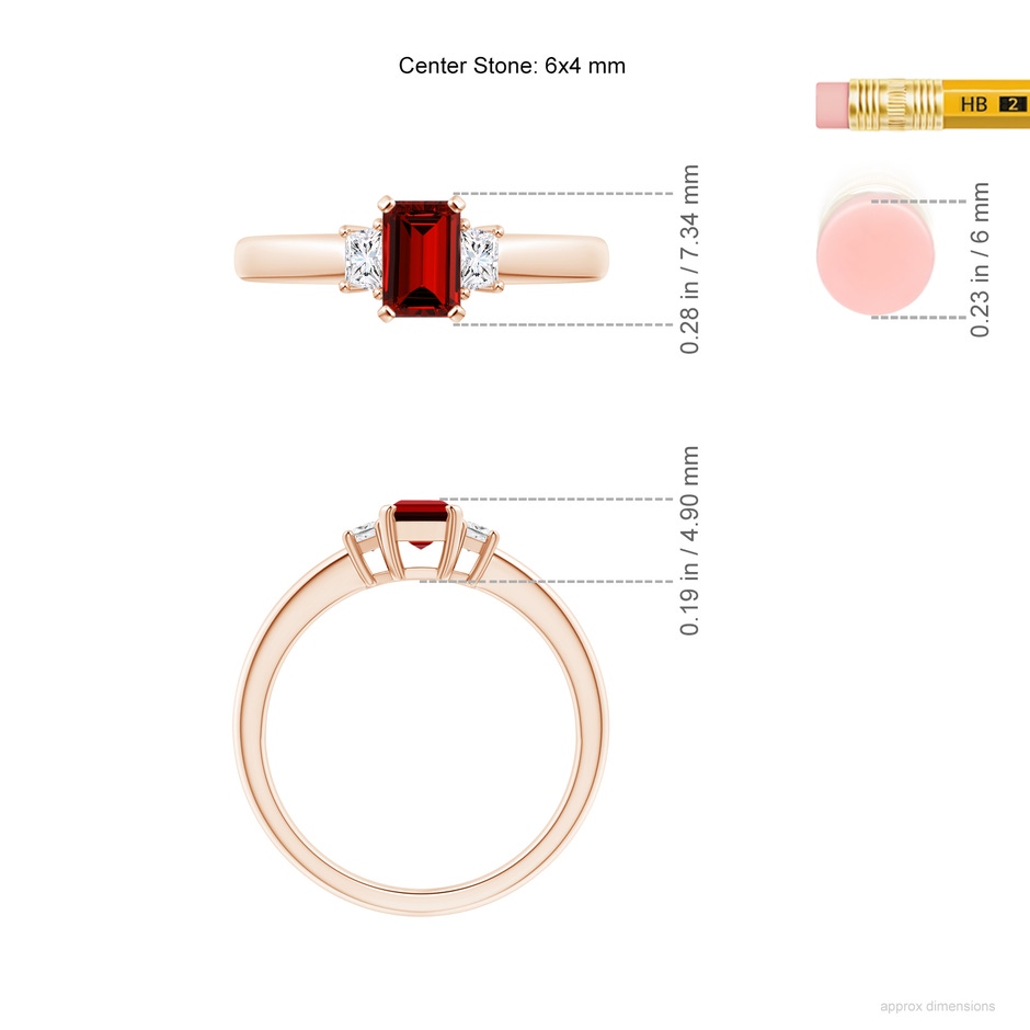 6x4mm Labgrown Lab-Grown Ruby and Lab Diamond Three Stone Ring in Rose Gold ruler