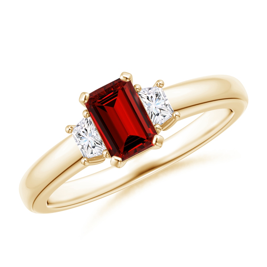 6x4mm Labgrown Lab-Grown Ruby and Lab Diamond Three Stone Ring in Yellow Gold 