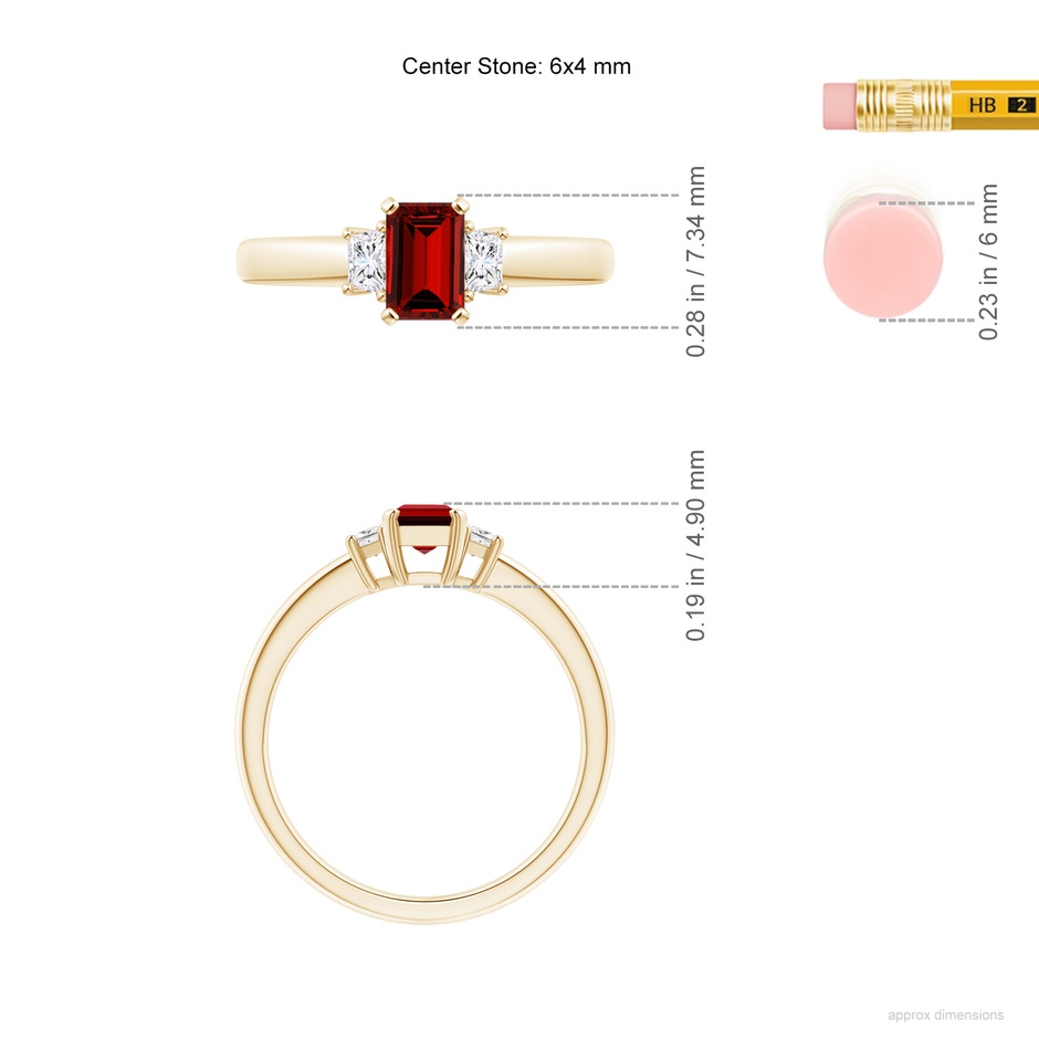 6x4mm Labgrown Lab-Grown Ruby and Lab Diamond Three Stone Ring in Yellow Gold ruler