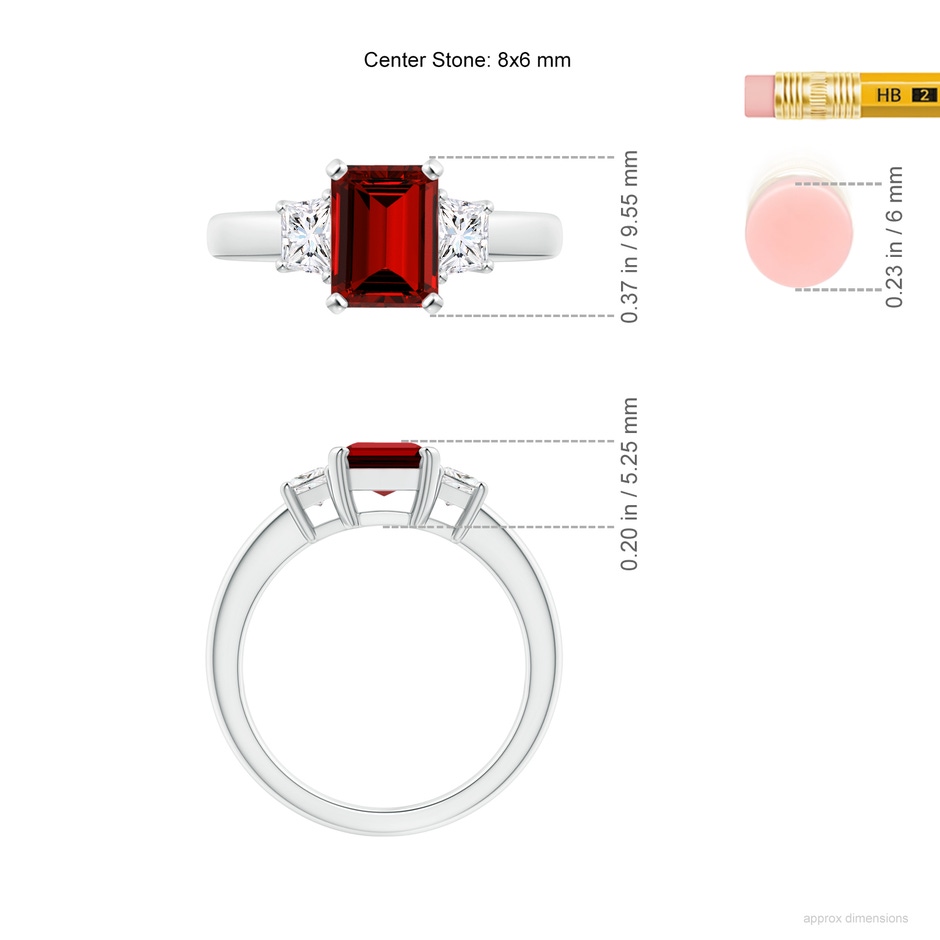 8x6mm Labgrown Lab-Grown Ruby and Diamond Three Stone Ring in White Gold ruler