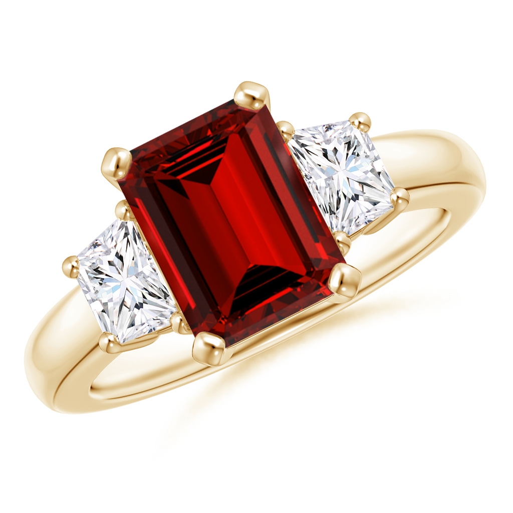 9x7mm Labgrown Lab-Grown Ruby and Diamond Three Stone Ring in Yellow Gold